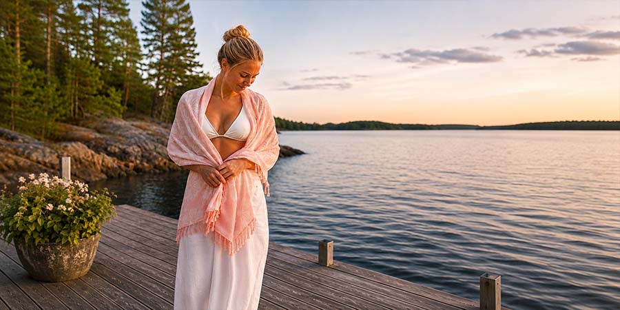 Rosa sarong använd som sjal över axlarna vid svensk sjö i kvällsljus