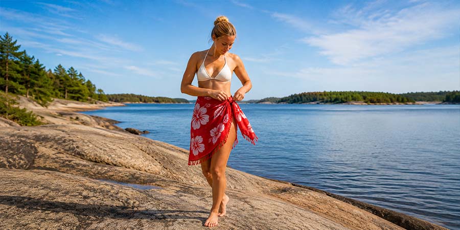 Röd blommig sarong knuten som kort omlottkjol vid svensk klippstrand