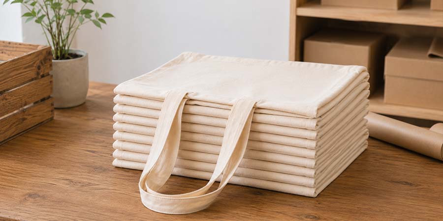 Billiga tygkassar i flerpack Flerpack med billiga tygkassar i bomull vikta på arbetsbord