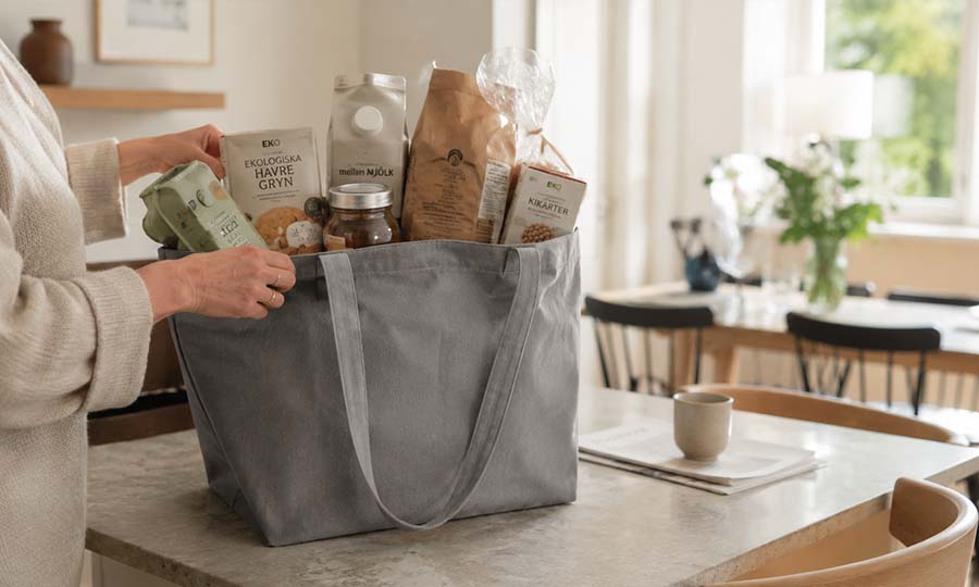 Grå shoppingkasse i tyg med handtag fylld med förpackade varor i hemmiljö