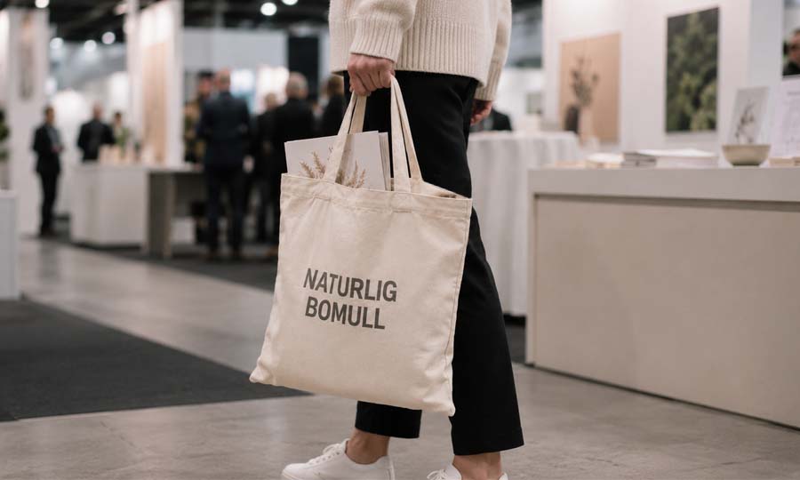 Oblekt tygkasse med tryck på mässa Oblekt tygkasse med tryck och texten Naturlig bomull som bärs på mässa