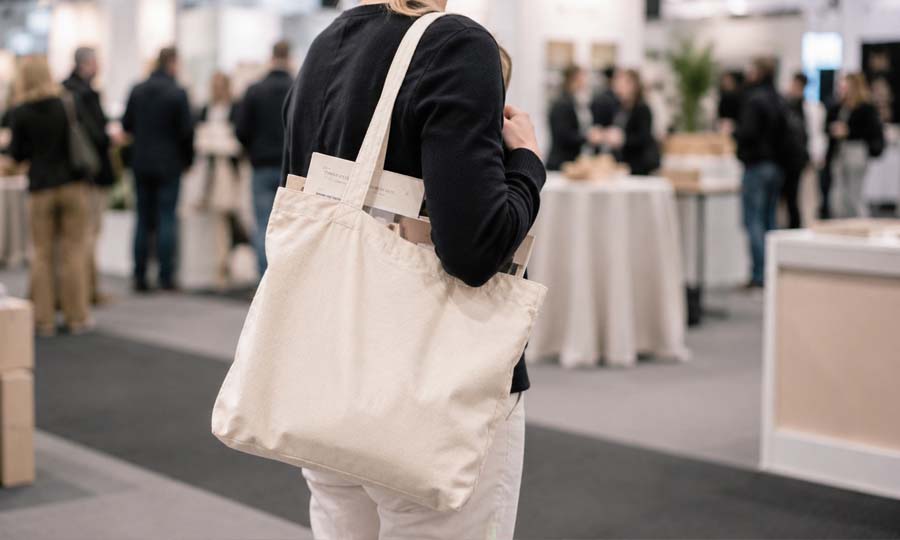 Oblekt tygkasse med långa handtag på mässa Oblekt tygkasse med långa handtag buren över axeln på mässa