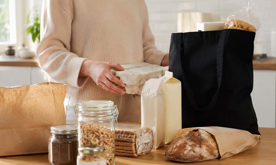 Svart shoppingkasse i tyg med handtag fylld med förpackningar på köksbord